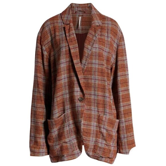 Free People Simply Plaid Relaxed Unstructured Linen Blazer Plaid Pockets Size M - Picture 5 of 12
